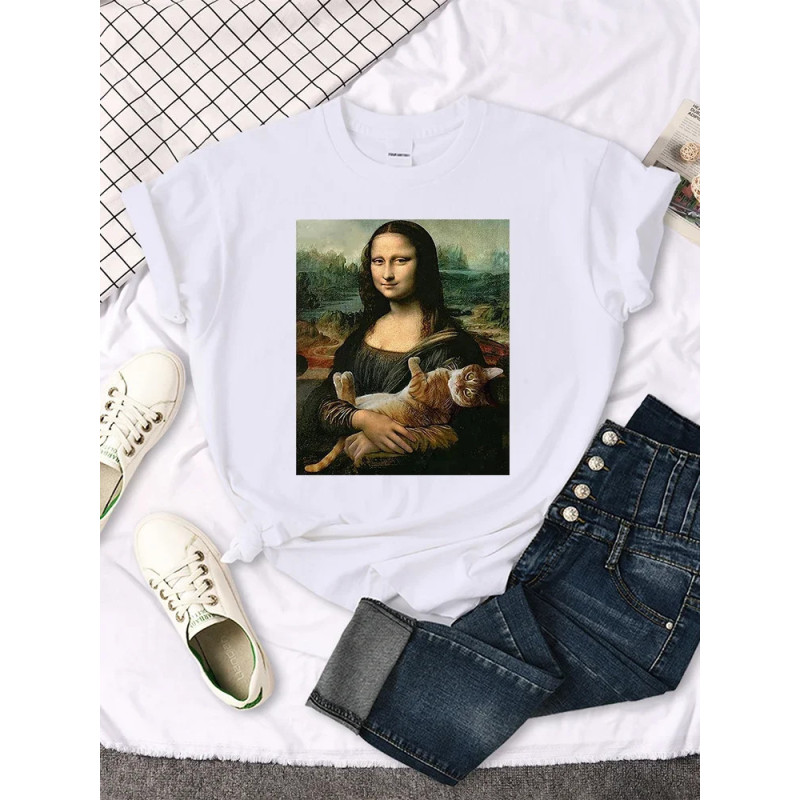 Mona Lisa-T-shirt imprimé chat drôle pour femme, joli, mignon, col rond, gothique, décontracté, surdimensionné