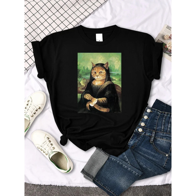 Mona Lisa-T-shirt imprimé chat drôle pour femme, joli, mignon, col rond, gothique, décontracté, surdimensionné