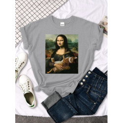 Mona Lisa-T-shirt imprimé chat drôle pour femme, joli, mignon, col rond, gothique, décontracté, surdimensionné