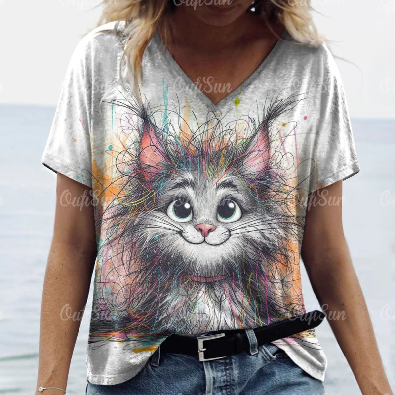 T-shirt à manches courtes imprimé chat 3D pour femmes, pull à col rond, streetwear décontracté, vêtements respirants féminins, m