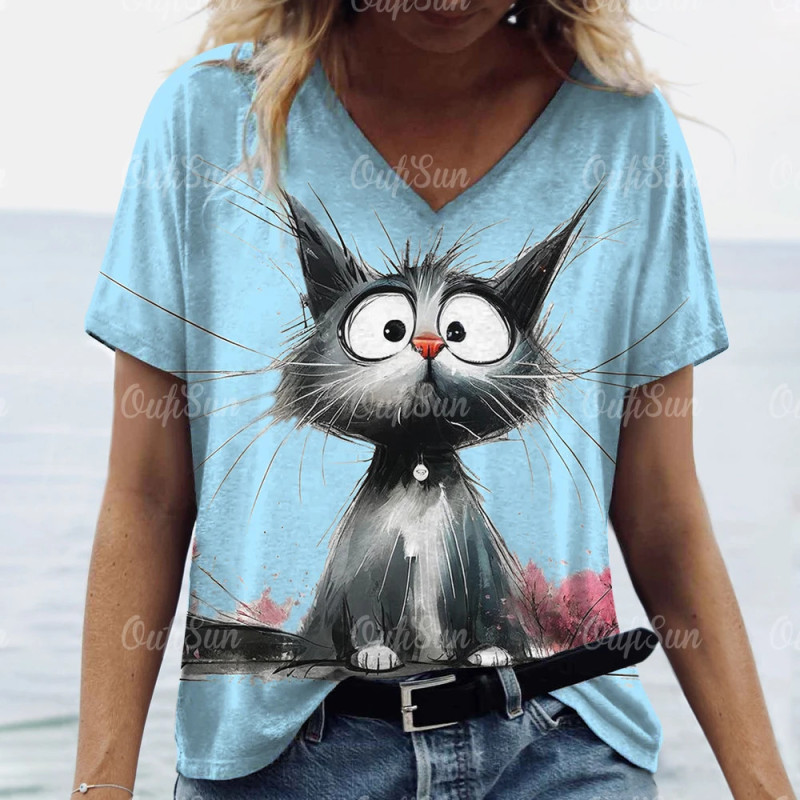 T-shirt à manches courtes imprimé chat 3D pour femmes, pull à col rond, streetwear décontracté, vêtements respirants féminins, m