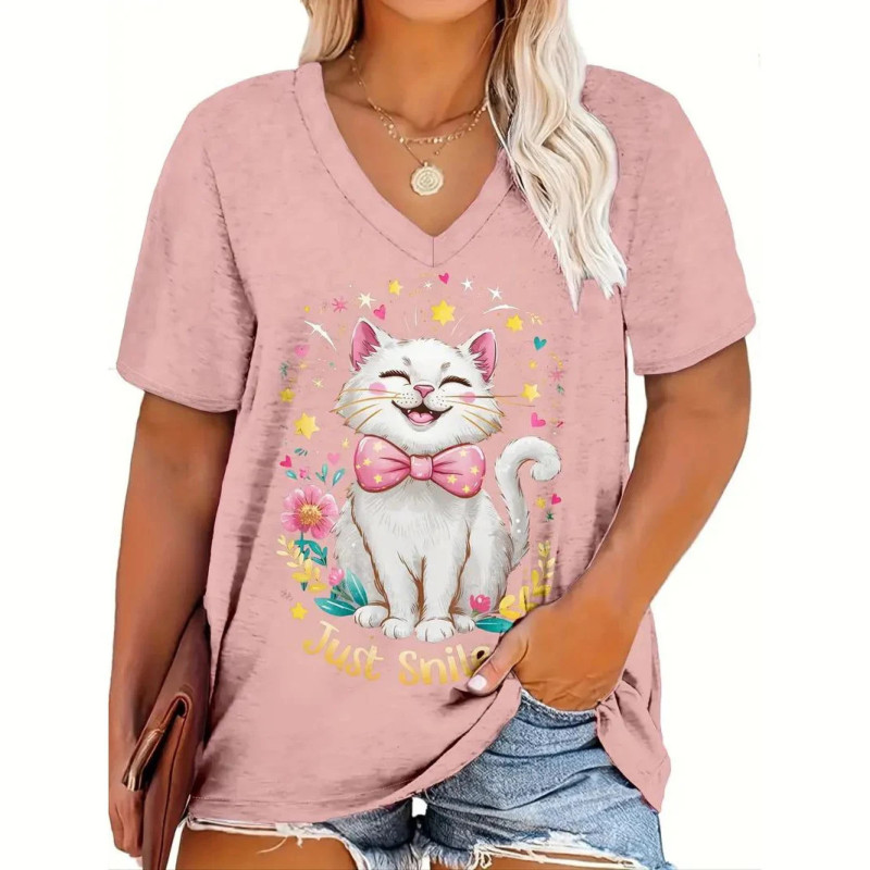 T-shirt à manches courtes imprimé chat 3D pour femmes, pull à col rond, streetwear décontracté, vêtements respirants féminins, m