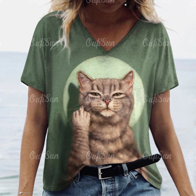 T-shirt à manches courtes imprimé chat 3D pour femmes, pull à col rond, streetwear décontracté, vêtements respirants féminins, m