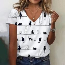 T-shirt à manches courtes imprimé chat 3D pour femmes, pull à col rond, streetwear décontracté, vêtements respirants féminins, m