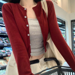 Rentability bee-Cardigan tricoté rouge pour femme, vêtements de début d'automne, pull court d'extérieur, haut à manches longues,