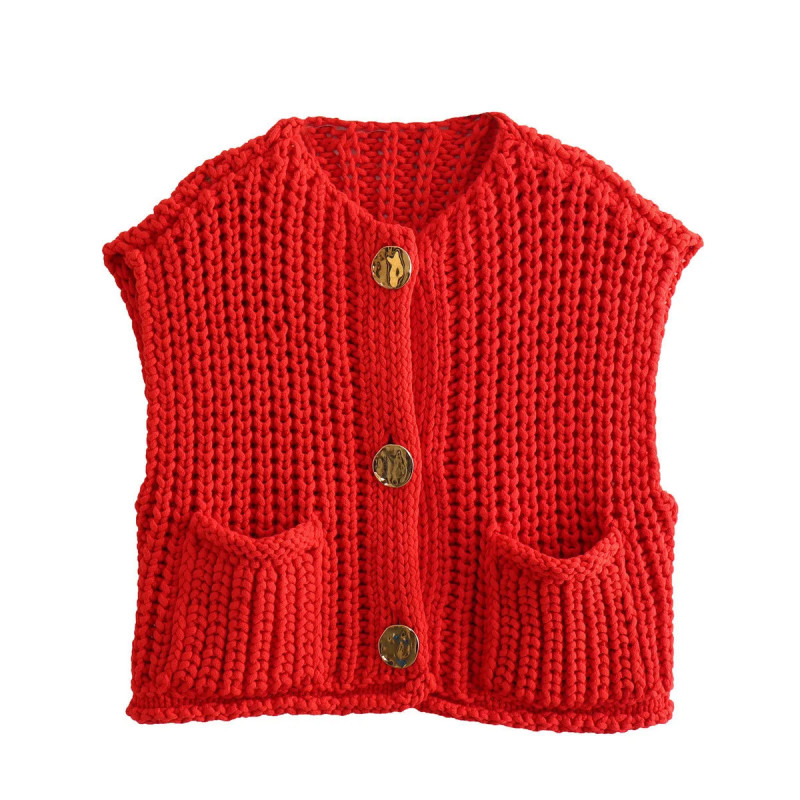 Gilet en tricot bleu à col en V pour femmes, cardigan boutonné avec poches avant, pull en fibre torsadée, glaçure, mode coréenne