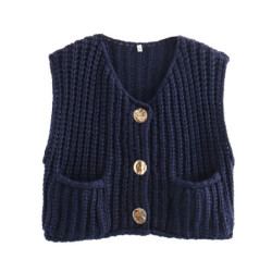 Gilet en tricot bleu à col en V pour femmes, cardigan boutonné avec poches avant, pull en fibre torsadée, glaçure, mode coréenne