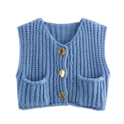 Gilet en tricot bleu à col en V pour femmes, cardigan boutonné avec poches avant, pull en fibre torsadée, glaçure, mode coréenne