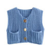 Gilet en tricot bleu à col en V pour femmes, cardigan boutonné avec poches avant, pull en fibre torsadée, glaçure, mode coréenne