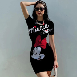 Disney-Robe d'été Minnie Mouse pour femme, mini robe moulante, sac à main hanche, robe d'été sexy, batterie con Lady Club, robes