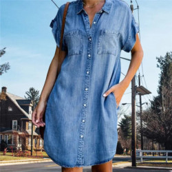 DistMurcia-Robe chemise en jean à manches courtes pour femme, tunique décontractée, haut boutonné