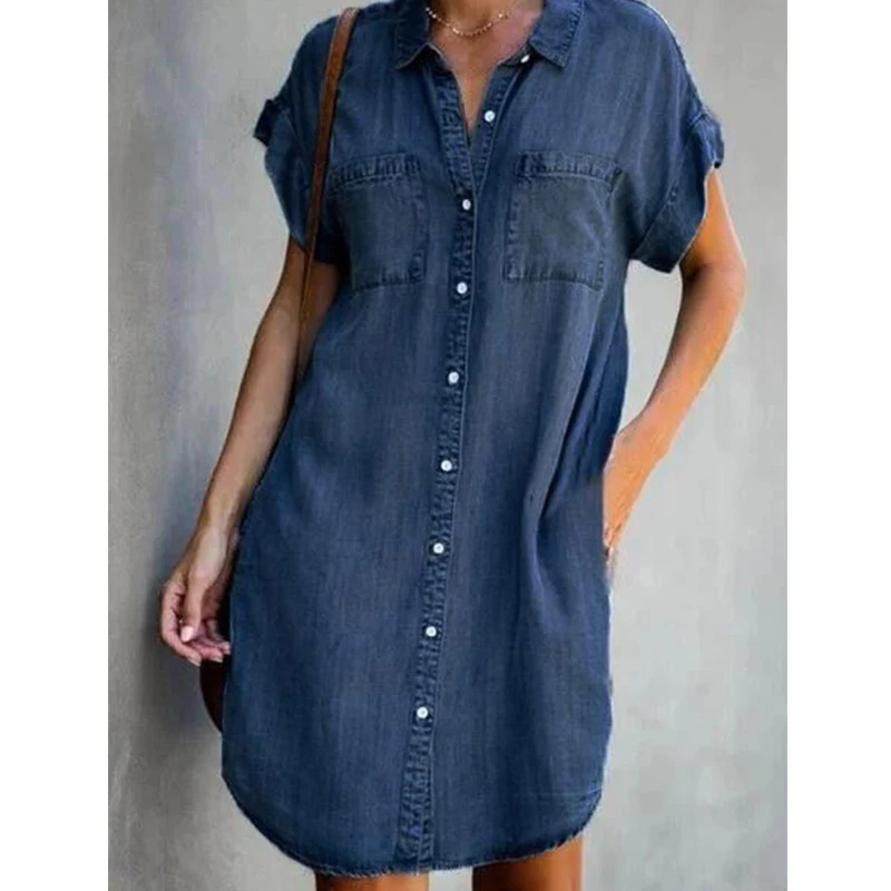 DistMurcia-Robe chemise en jean à manches courtes pour femme, tunique décontractée, haut boutonné