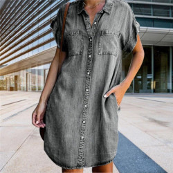 DistMurcia-Robe chemise en jean à manches courtes pour femme, tunique décontractée, haut boutonné