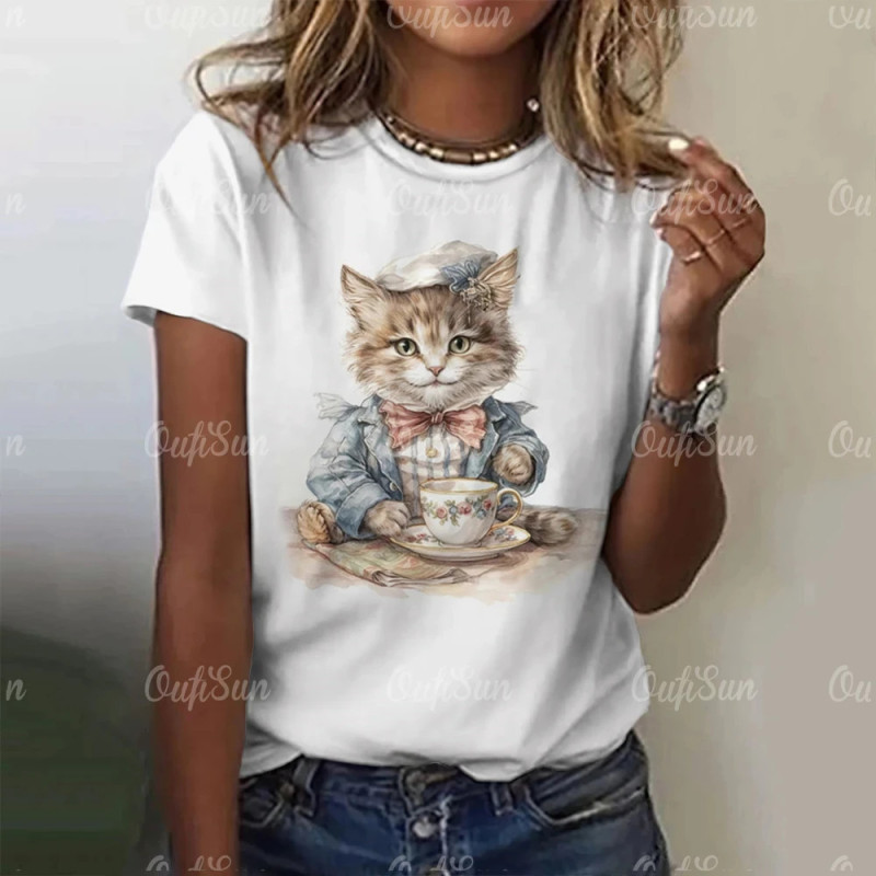 T-shirt manches courtes col rond femme, streetwear, décontracté, à la mode, avec chat imprimé en 3D