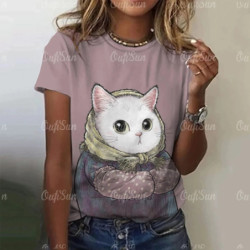 T-shirt manches courtes col rond femme, streetwear, décontracté, à la mode, avec chat imprimé en 3D