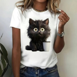 T-shirt manches courtes col rond femme, streetwear, décontracté, à la mode, avec chat imprimé en 3D