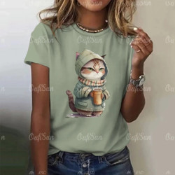 T-shirt manches courtes col rond femme, streetwear, décontracté, à la mode, avec chat imprimé en 3D