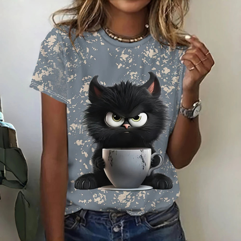 T-shirt manches courtes col rond femme, streetwear, décontracté, à la mode, avec chat imprimé en 3D