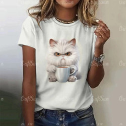 T-shirt manches courtes col rond femme, streetwear, décontracté, à la mode, avec chat imprimé en 3D