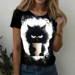 T-shirt manches courtes col rond femme, streetwear, décontracté, à la mode, avec chat imprimé en 3D