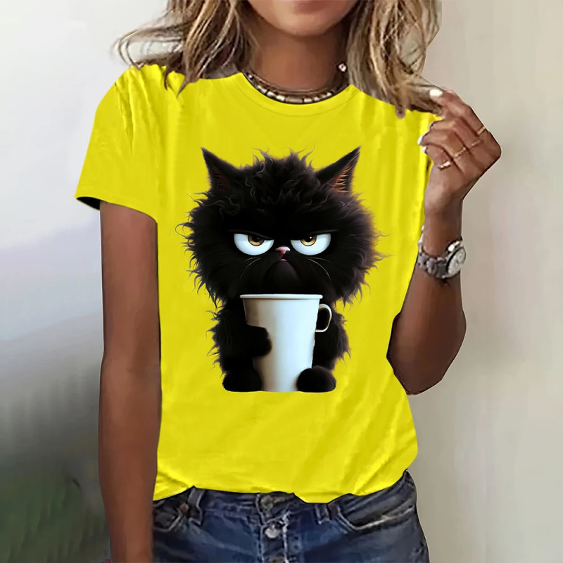 T-shirt manches courtes col rond femme, streetwear, décontracté, à la mode, avec chat imprimé en 3D