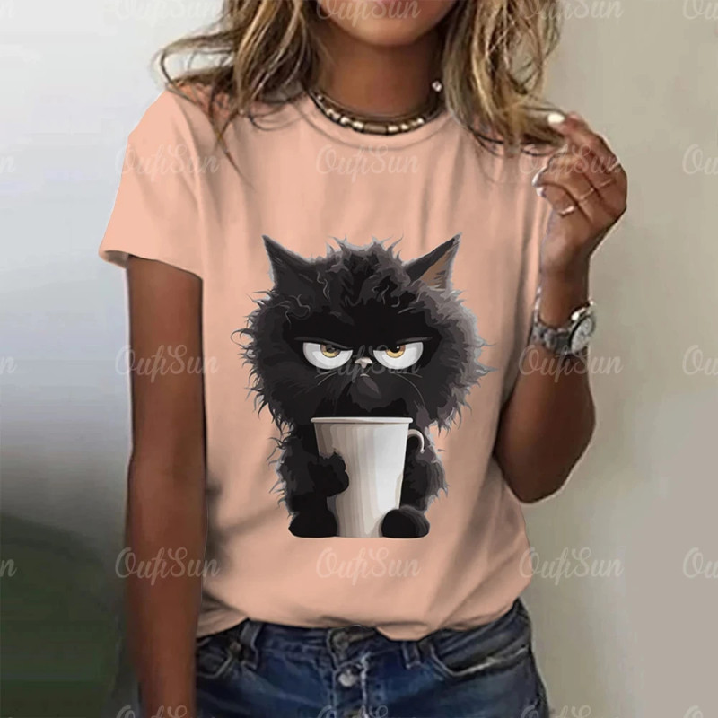 T-shirt manches courtes col rond femme, streetwear, décontracté, à la mode, avec chat imprimé en 3D