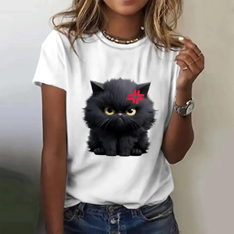 T-shirt manches courtes col rond femme, streetwear, décontracté, à la mode, avec chat imprimé en 3D