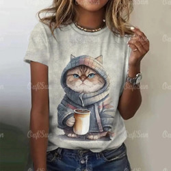 T-shirt manches courtes col rond femme, streetwear, décontracté, à la mode, avec chat imprimé en 3D