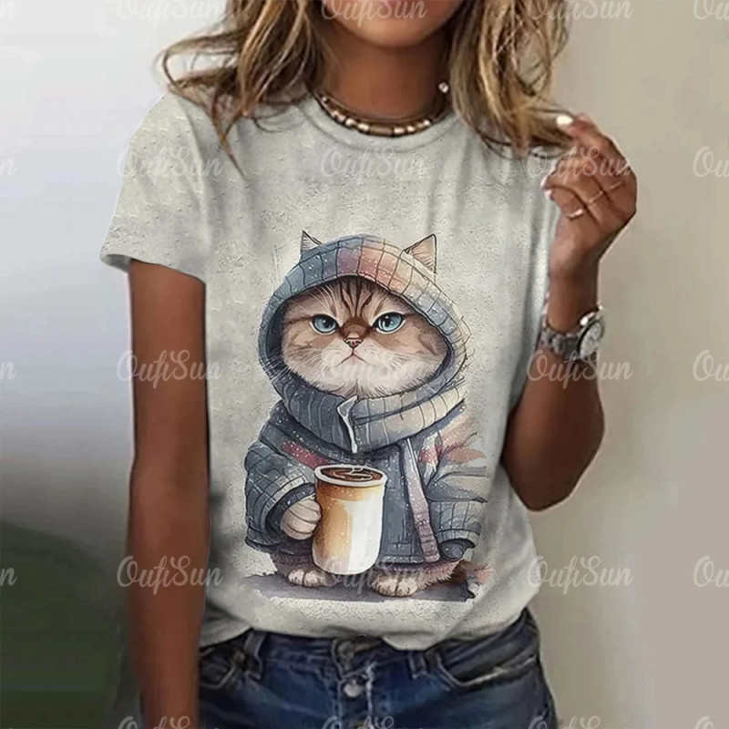 T-shirt manches courtes col rond femme, streetwear, décontracté, à la mode, avec chat imprimé en 3D