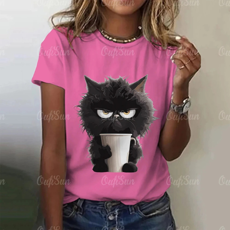 T-shirt manches courtes col rond femme, streetwear, décontracté, à la mode, avec chat imprimé en 3D