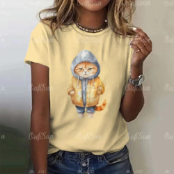 T-shirt manches courtes col rond femme, streetwear, décontracté, à la mode, avec chat imprimé en 3D