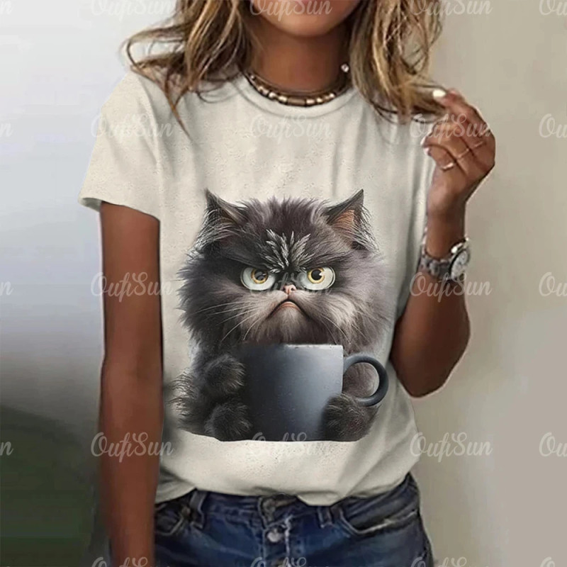 T-shirt manches courtes col rond femme, streetwear, décontracté, à la mode, avec chat imprimé en 3D