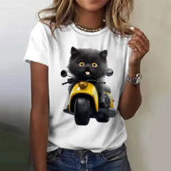 T-shirt manches courtes col rond femme, streetwear, décontracté, à la mode, avec chat imprimé en 3D