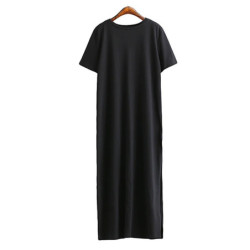 Robe mi-longue de style coréen pour femmes, robes longues noires décontractées, manches courtes, sexy, grande taille, côté ouver