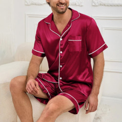 Ensemble de pyjama à manches courtes en satin pour hommes, chemise boutonnée, short à taille élastique, vêtements de nuit d'été,