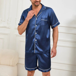 Ensemble de pyjama à manches courtes en satin pour hommes, chemise boutonnée, short à taille élastique, vêtements de nuit d'été,