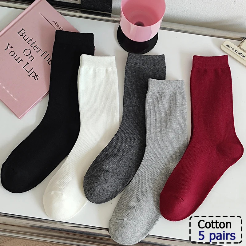 Chaussettes d'affaires mi-longues en coton noir, chaussettes décontractées monochromes, doux et chauds, automne et hiver, 4 pair