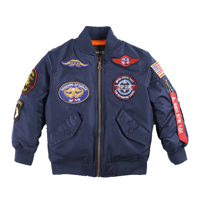 Blouson aviateur universitaire en satin avec patchs pour enfants, vêtements matelassés pour tout-petits, pilote militaire, vol, 