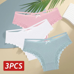 Culotte en coton sexy taille basse pour femme, culotte brésilienne en dentelle, évider, lingerie respirante douce, nœud féminin,