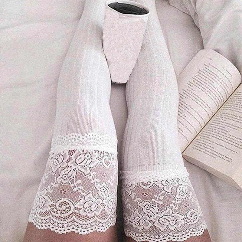 Femmes chaussettes bas chaud cuisse haute sur le genou chaussettes longues coton à lacets bas Medias Sexy bas