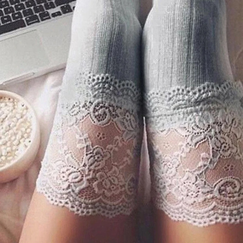 Femmes chaussettes bas chaud cuisse haute sur le genou chaussettes longues coton à lacets bas Medias Sexy bas