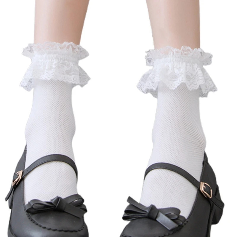 Lolita – chaussettes hautes en résille pour femmes, Style japonais, en dentelle rayée sur le genou, longues chaussettes à volant