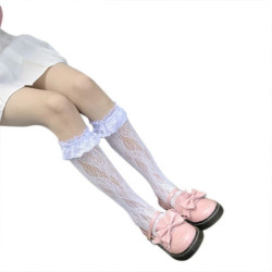 Lolita – chaussettes hautes en résille pour femmes, Style japonais, en dentelle rayée sur le genou, longues chaussettes à volant