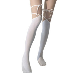 Lolita – chaussettes hautes en résille pour femmes, Style japonais, en dentelle rayée sur le genou, longues chaussettes à volant