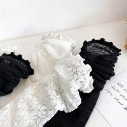 Chaussettes longues en dentelle blanche et noire pour femmes, style Harajuku, décontracté, doux, Kawaii, Floral, respirant, luxe