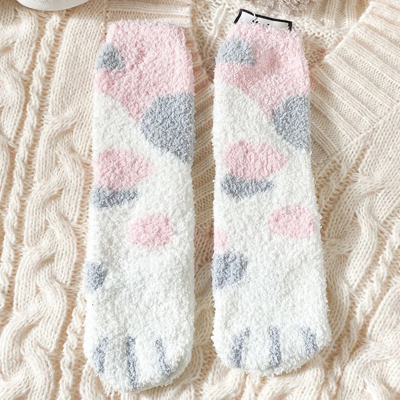 Chaussettes en velours à griffes de chat mignonnes pour femmes et enfants, tube moyen pour filles, chaussettes de sommeil épaiss