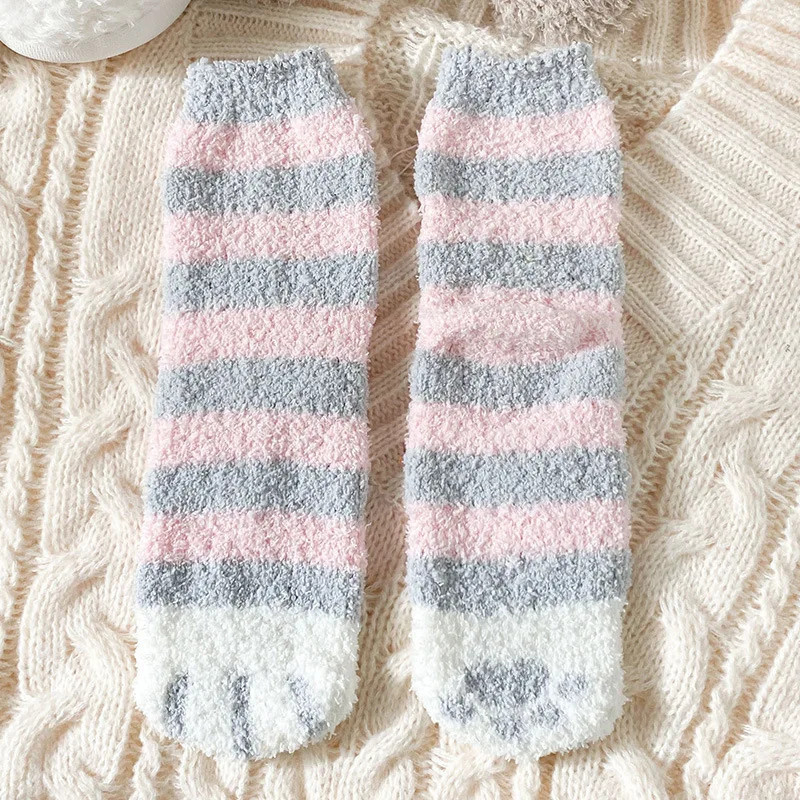 Chaussettes en velours à griffes de chat mignonnes pour femmes et enfants, tube moyen pour filles, chaussettes de sommeil épaiss