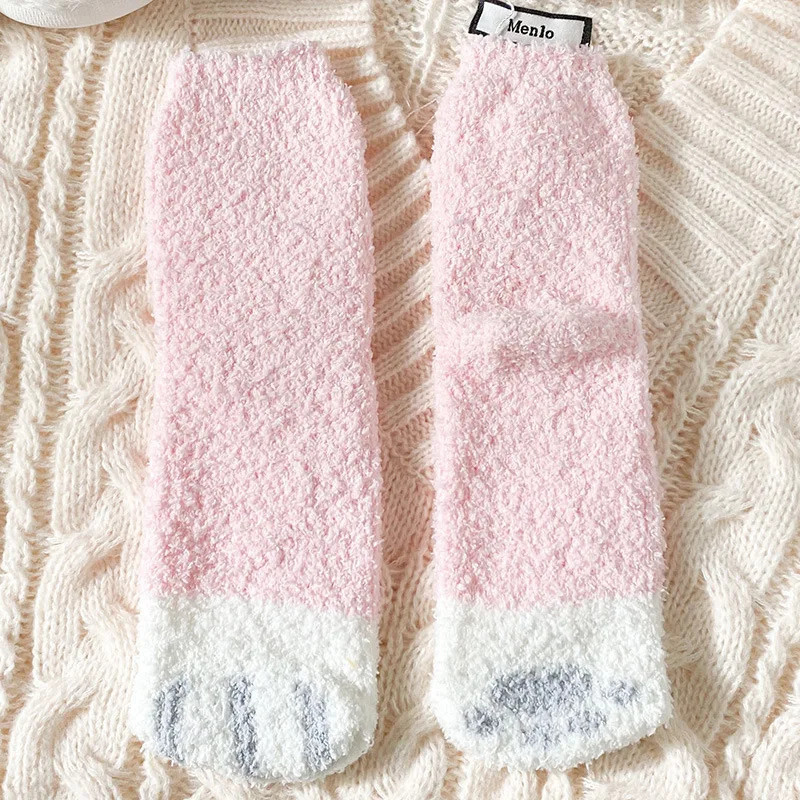 Chaussettes en velours à griffes de chat mignonnes pour femmes et enfants, tube moyen pour filles, chaussettes de sommeil épaiss