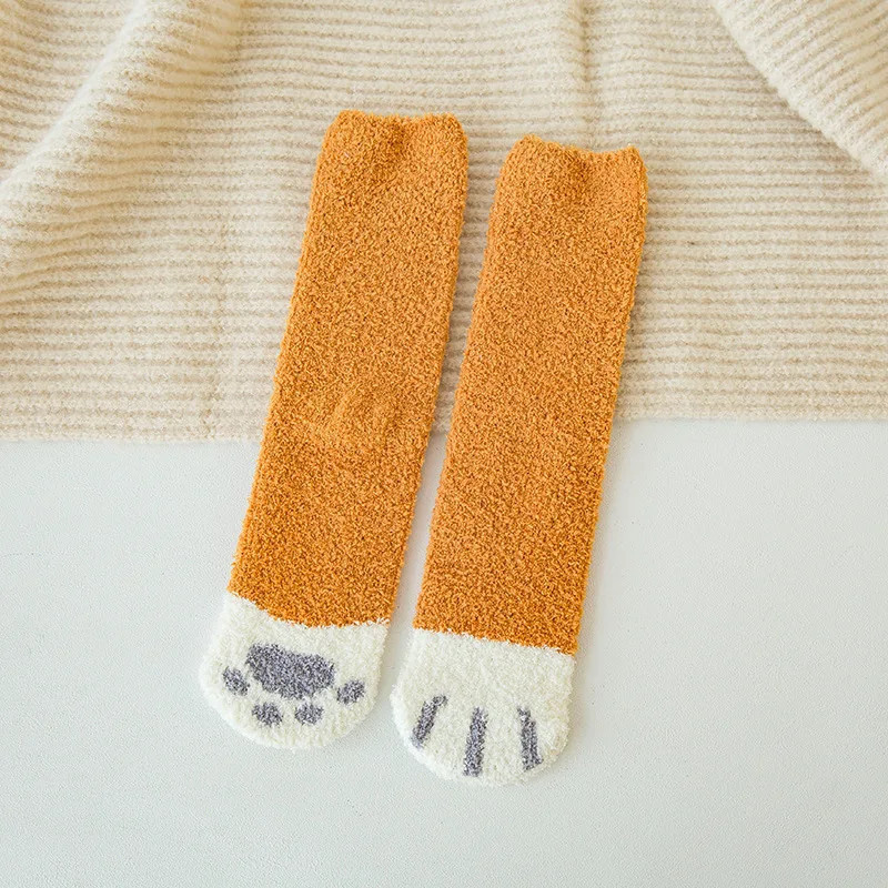 Chaussettes en velours à griffes de chat mignonnes pour femmes et enfants, tube moyen pour filles, chaussettes de sommeil épaiss