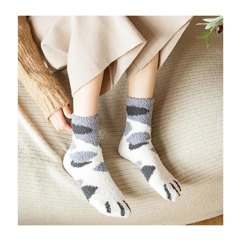 Chaussettes en velours à griffes de chat mignonnes pour femmes et enfants, tube moyen pour filles, chaussettes de sommeil épaiss